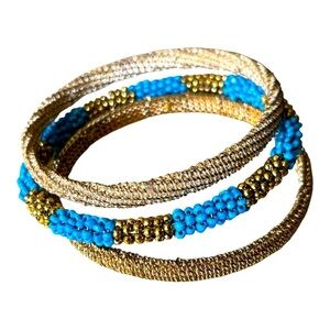 Set of Three Bangle Bracelets Gold and Turquoise Blue Beaded Bracelets